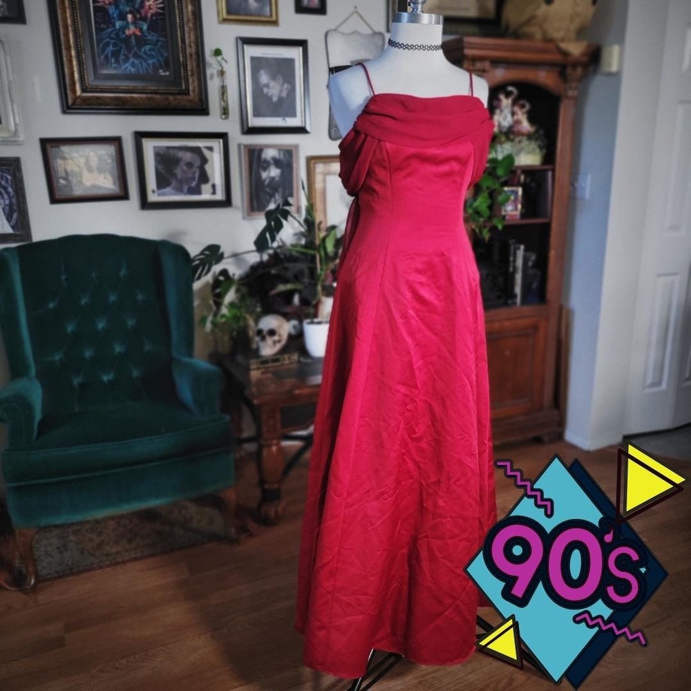 Michelangelo Formal Gown Dress Vintage 90s Red Satin Draped Evening Maxi Womens